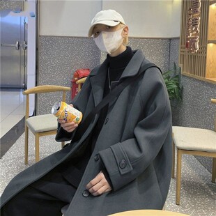 毛呢大衣男冬季纯色帅气呢子外套情侣百搭休闲夹克青少年穿搭