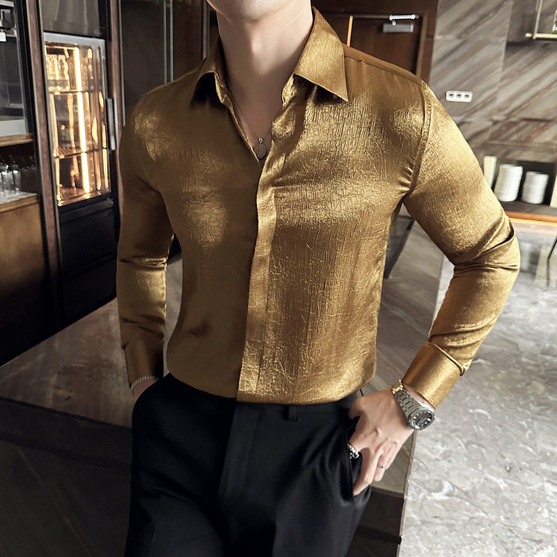 夜场亮面痞帅男士长袖褶皱衬衫