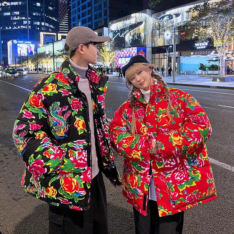 东北大花印花棉衣红色新年花外套