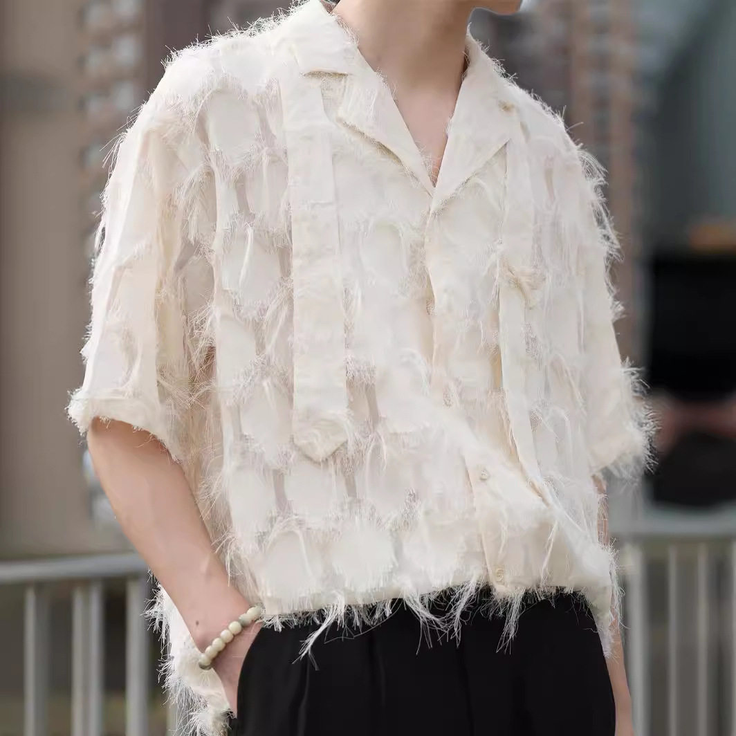 小众流苏毛边设计感衬衫男宽松夏季港风垂感短袖衬衣痞帅开衫外套