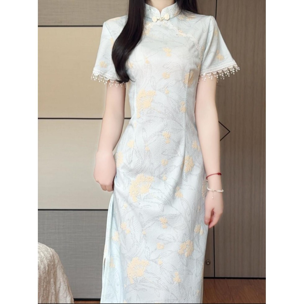 抹茶春新蓝色淑女短袖新中式旗袍