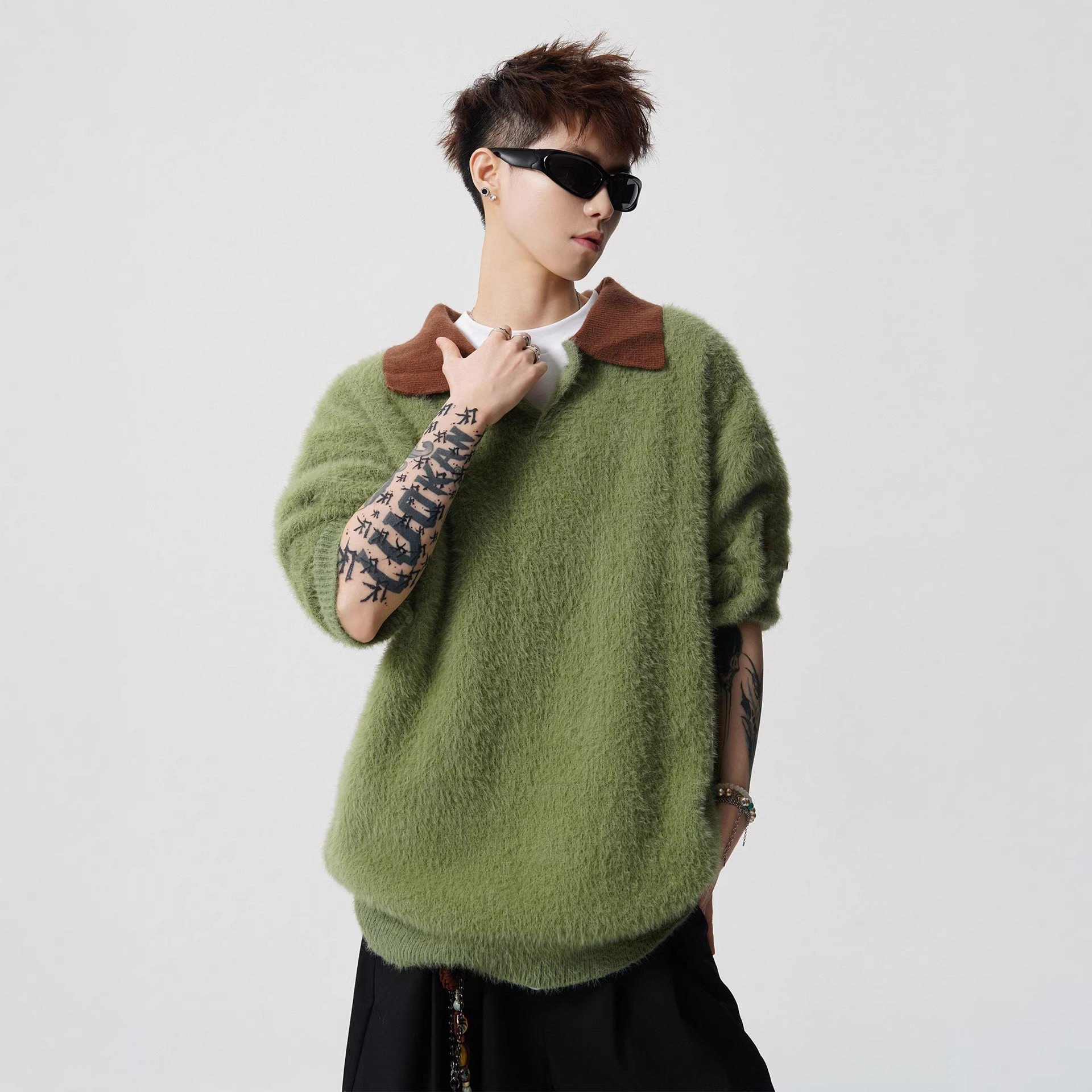 美式绿色马海毛男加厚保暖毛衣