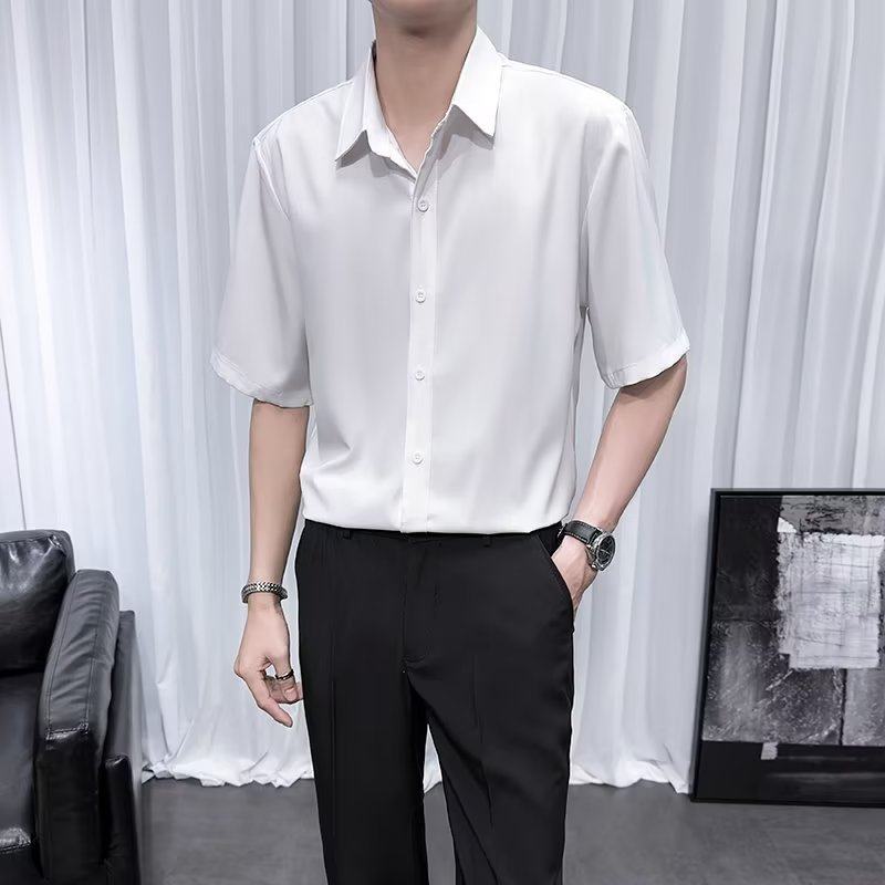 夏季男士商务白色垂感短袖衬衫
