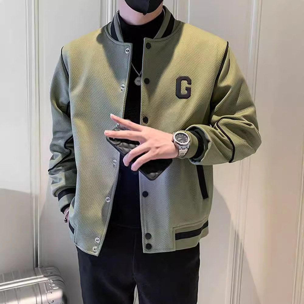 春秋绿色痞帅高级感男士棒球夹克
