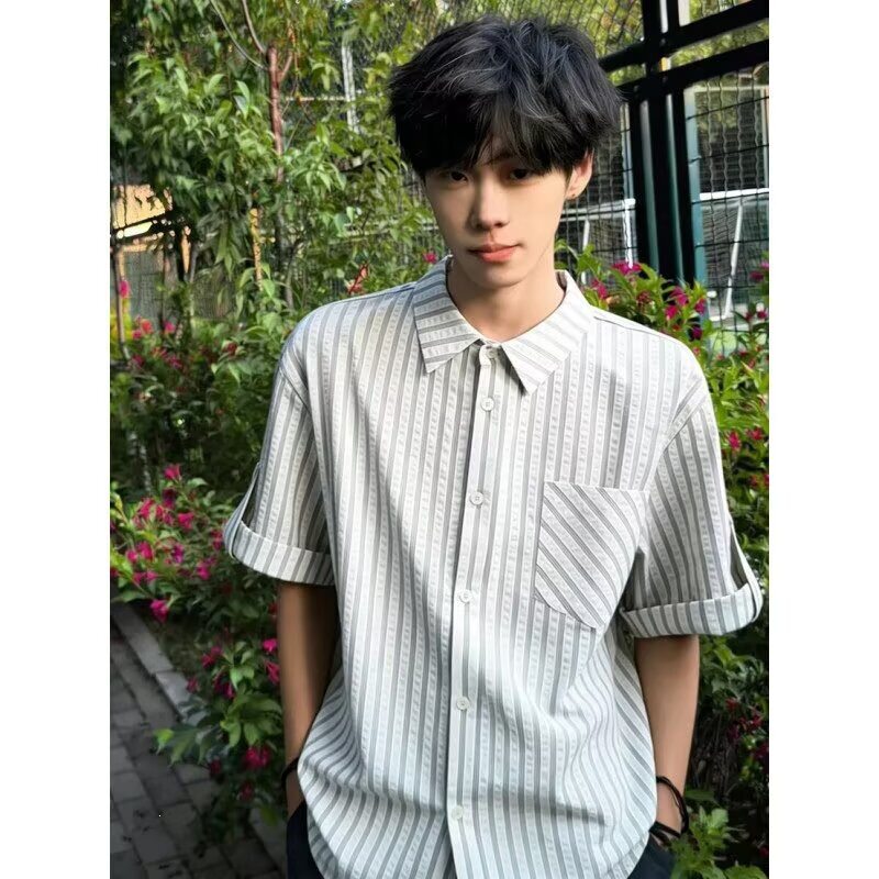 夏季白色条纹泡泡纱宽松男衬衫
