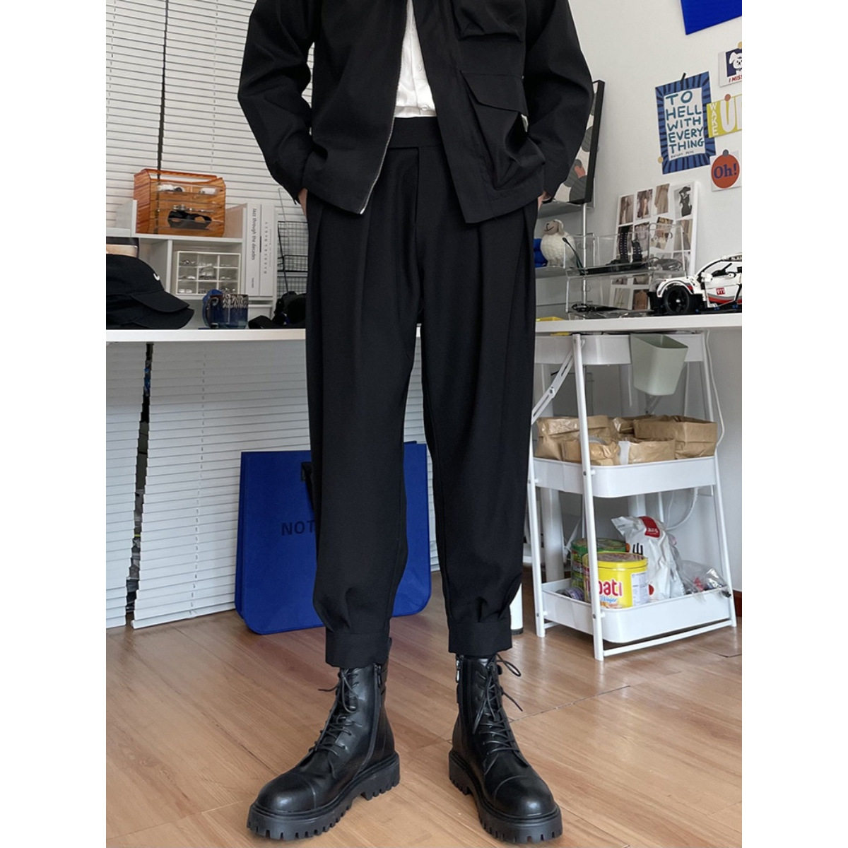 秋冬黑色加绒束脚西裤男魔术贴