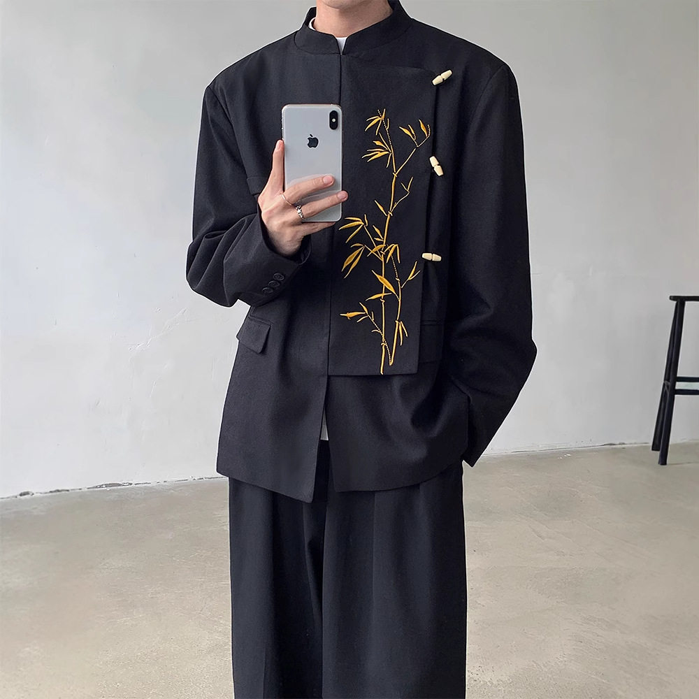 新中式黑色金竹刺绣男西服外套
