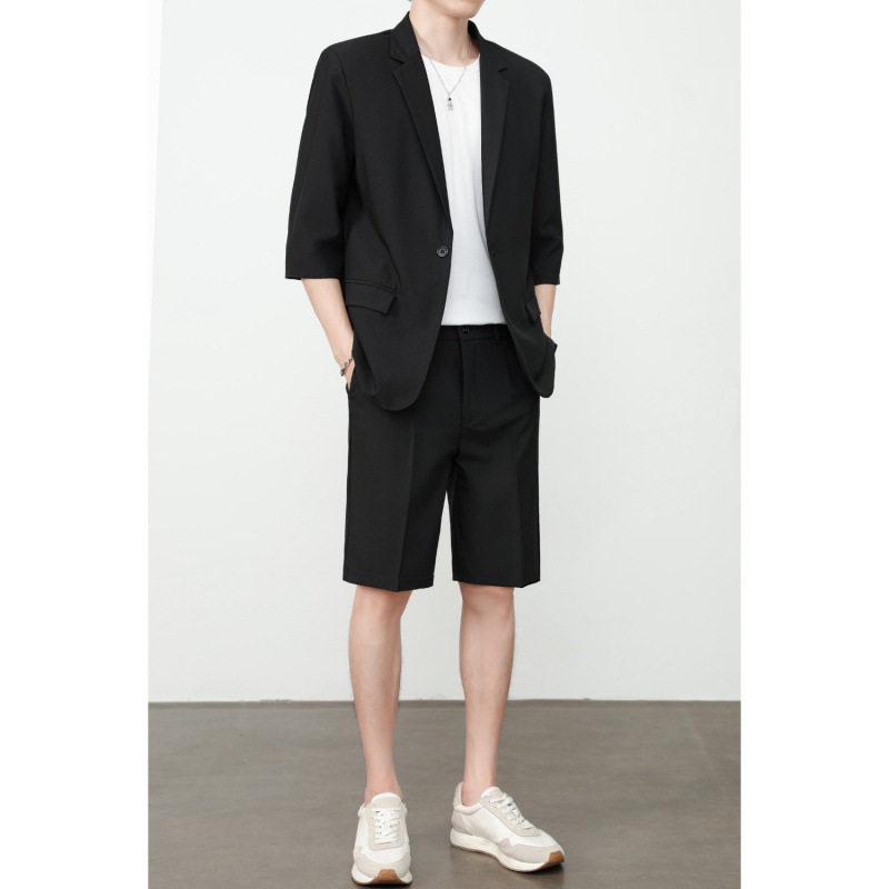 轻熟风七分袖休闲西装夏季薄款韩版潮流宽松短袖百搭男士商务套装
