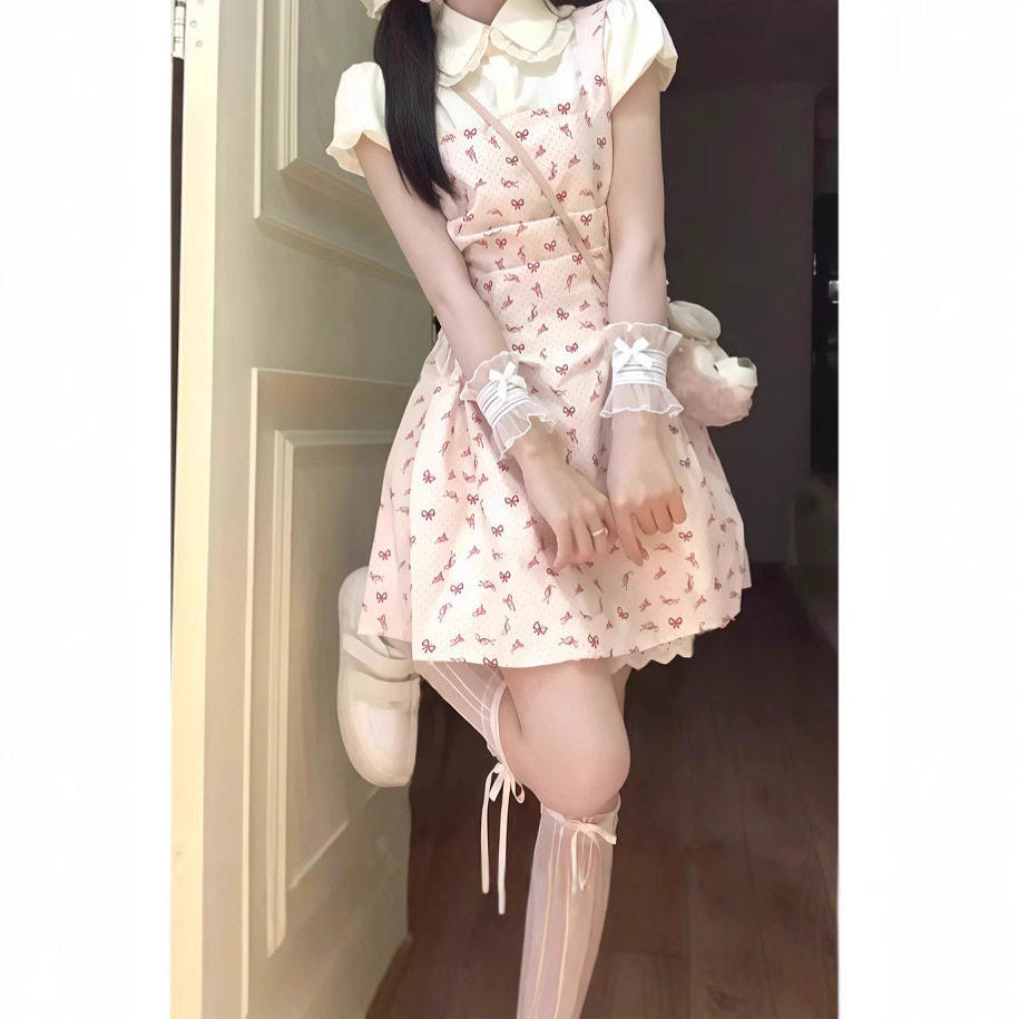 夏季法式碎花假两件收腰连衣裙