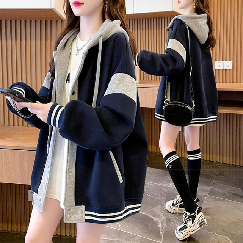 连帽拼色棒球开衫卫衣女春秋