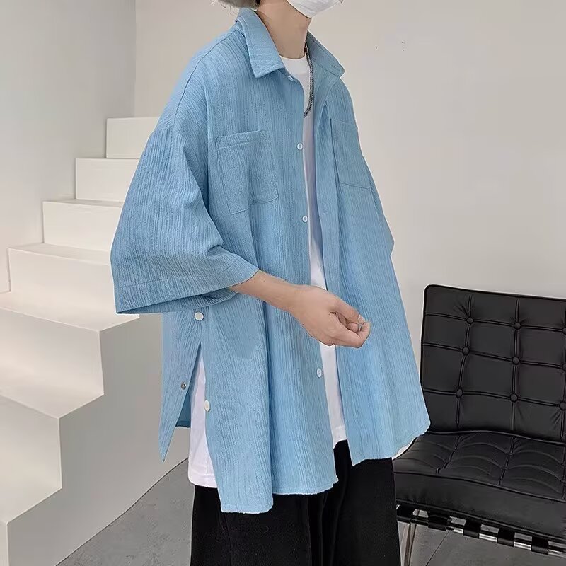 夏季新中式肌理开叉七分袖衬衫