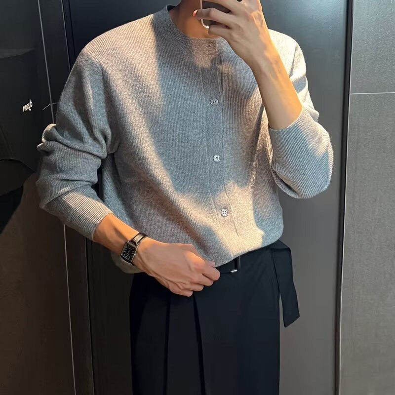 秋冬韩版男士纯色圆领针织开衫
