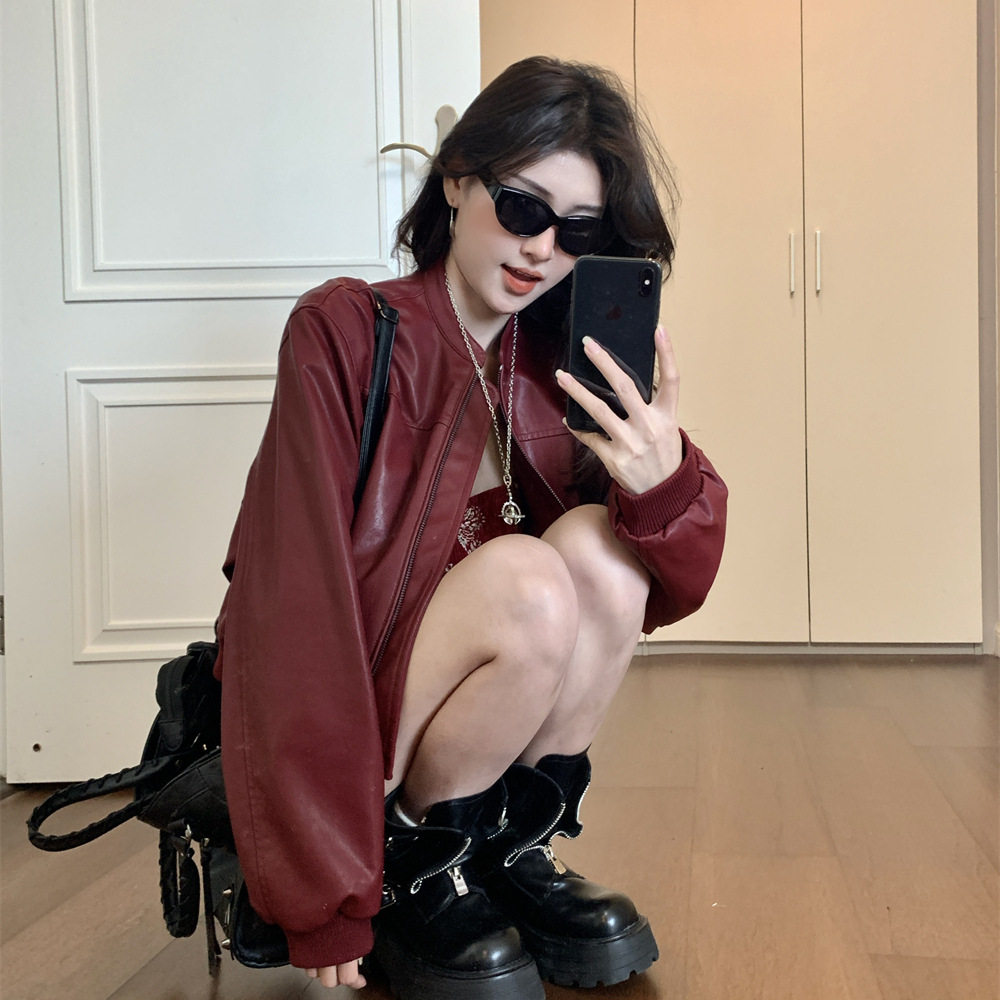 超好看美式复古皮衣外套女短款