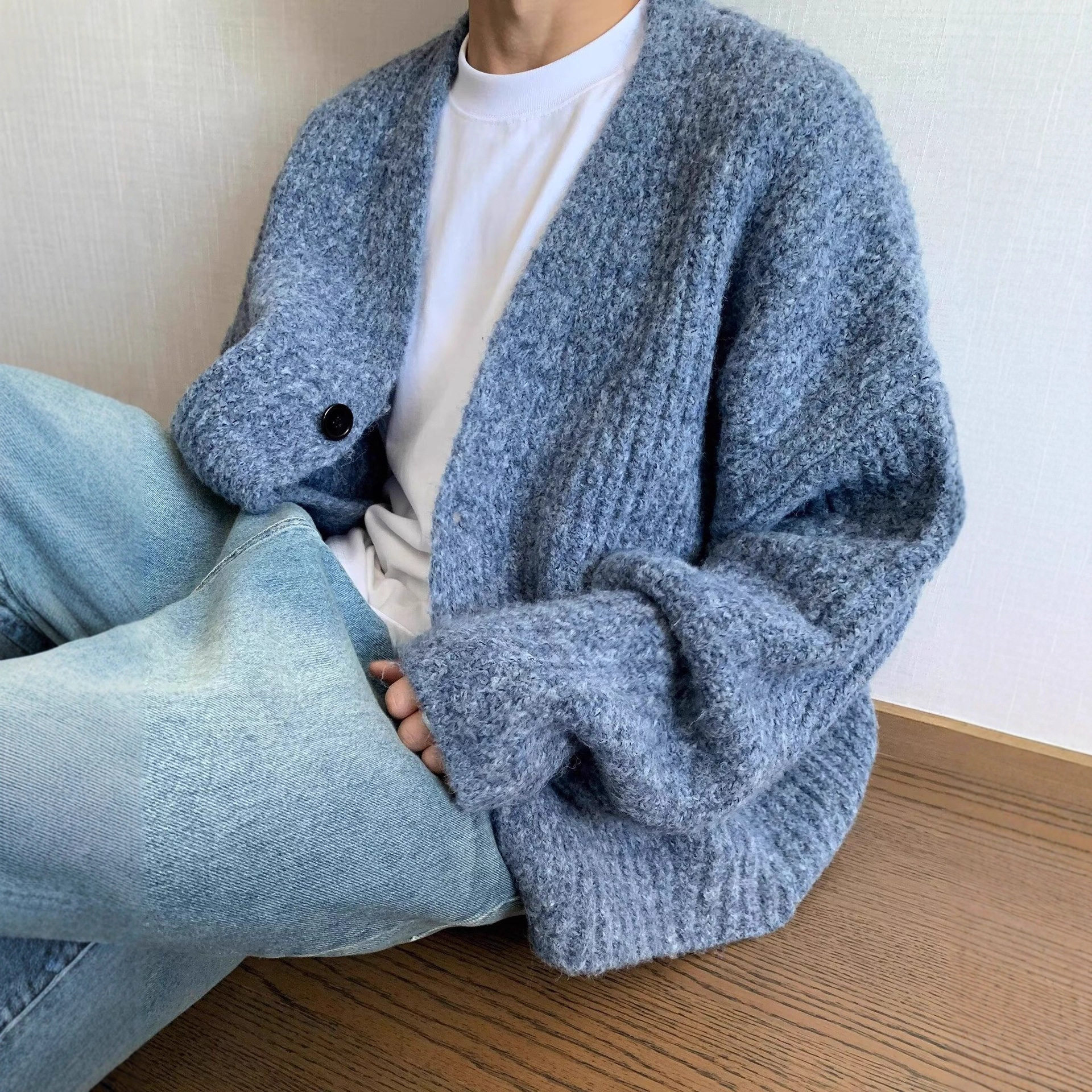 美式慵懒重磅粗线男士V领开衫