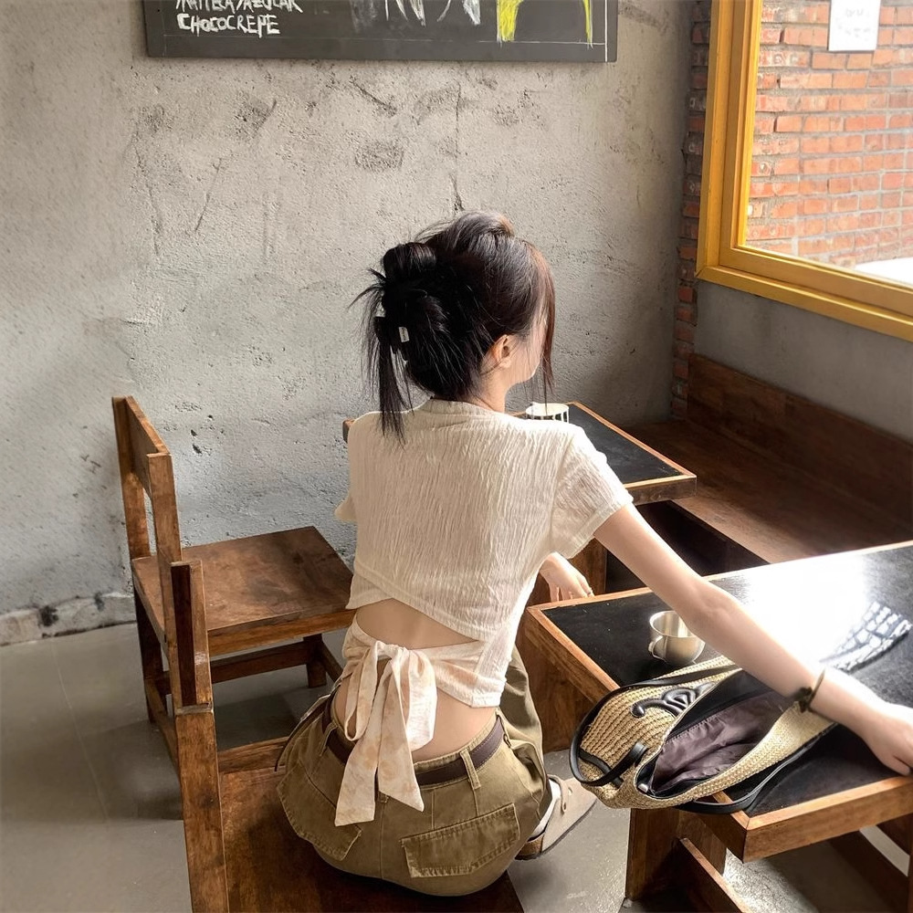 辣妹后背镂空绑带短袖T恤2025夏季新款设计感修身显瘦短款上衣女