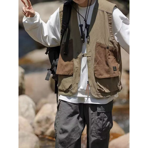 春秋复古日系工装多袋马甲男