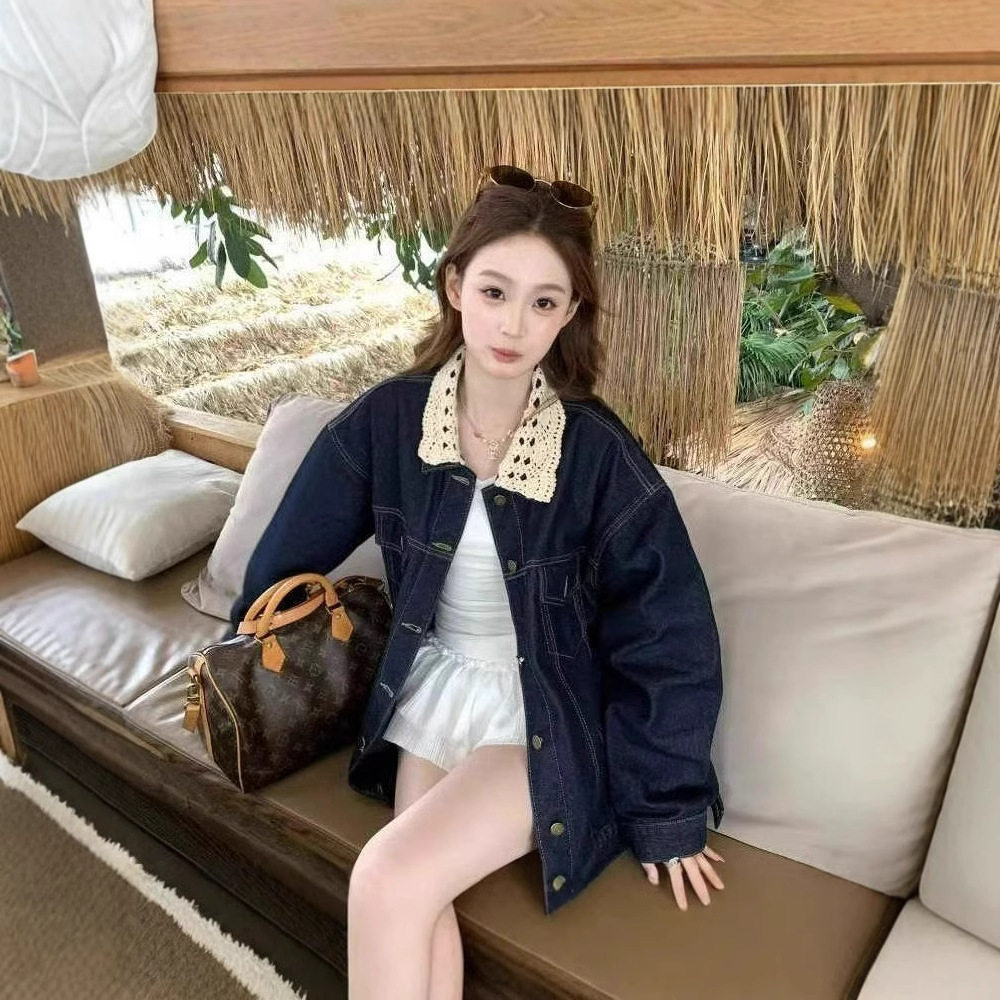 春秋拼接蕾丝牛仔宽松百搭外套