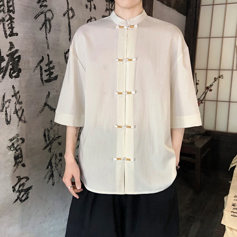 禅意中国风立领短袖茶服男衬衫