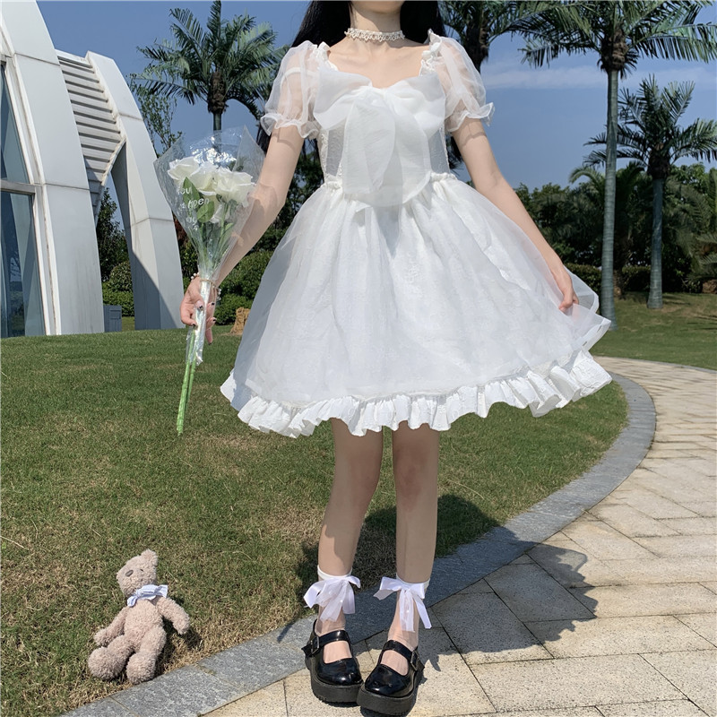 泡泡袖白色连衣裙女夏季法式