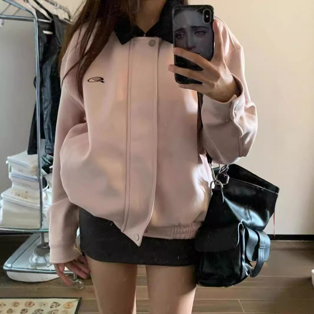 美式复古粉色棒球服短外套