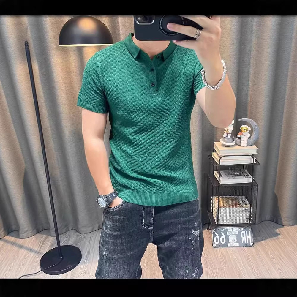 春夏男翻领修身弹力短袖针织衫