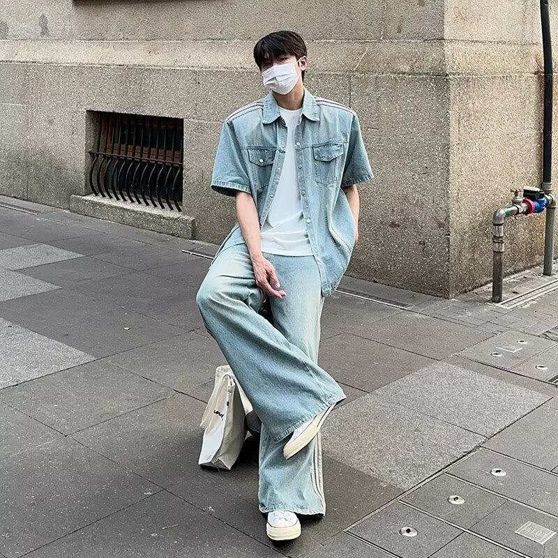 夏季男小众水洗牛仔短袖套装
