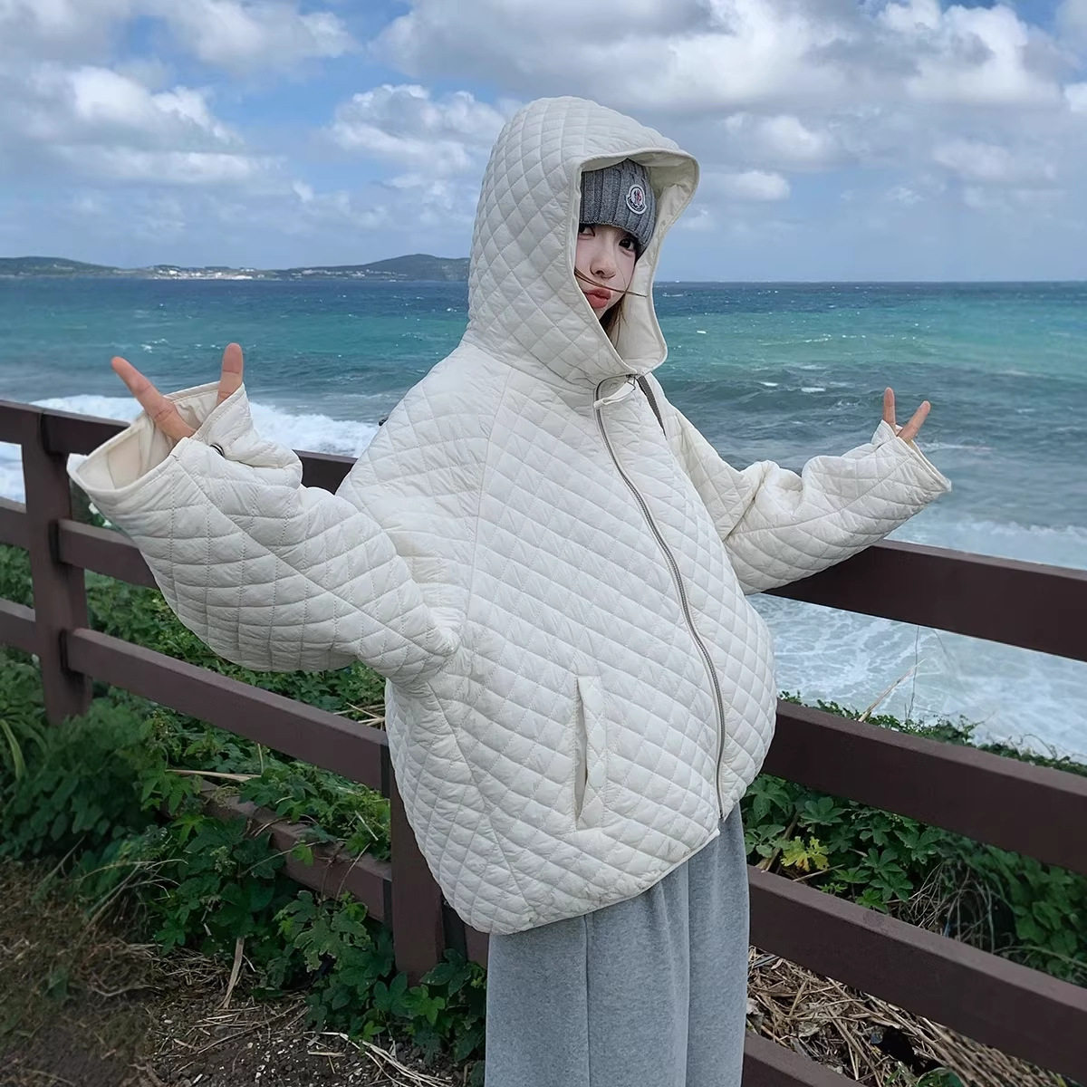 冬季菱格连帽加厚短款羽绒棉服女