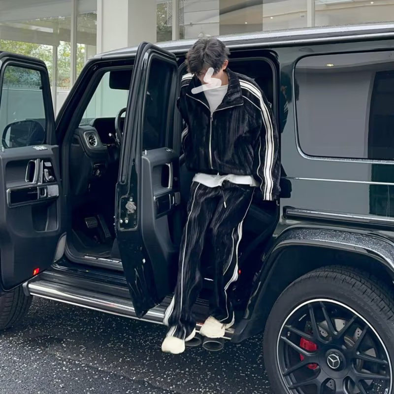 春季丝绒男开衫运动套装两件套