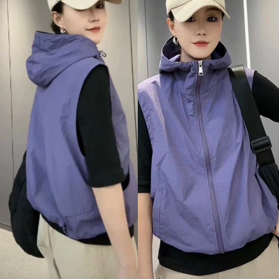 连帽无袖透气防晒冲锋衣马甲女