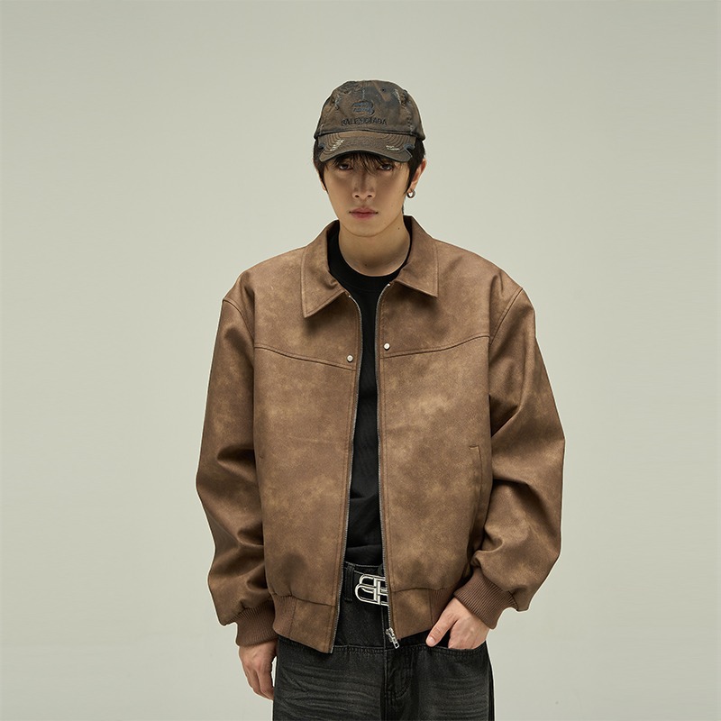 品质美式复古棕色翻领皮衣男外套美拉德高级感麂皮绒情侣夹克上衣