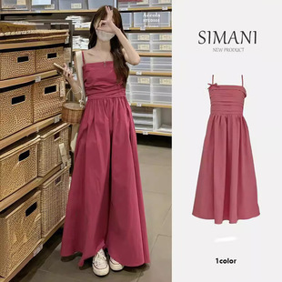 桔梗法式连衣裙女2026夏季褶皱显瘦百搭露背气质中长款吊带初恋裙