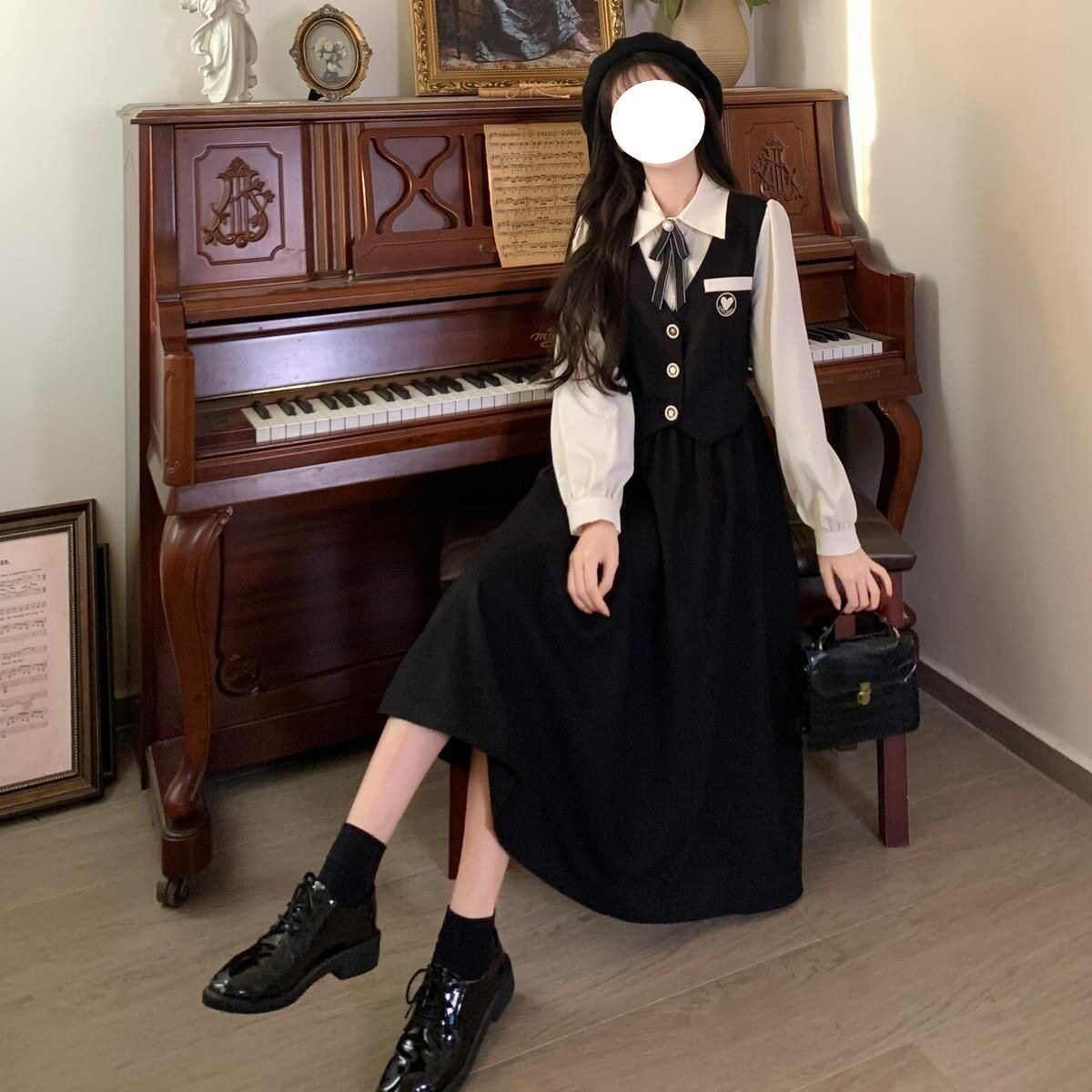 法式学院风黑色假两件连衣裙