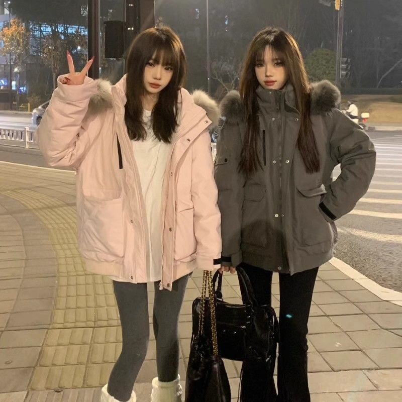 粉色大毛领连帽加厚工装派克棉服