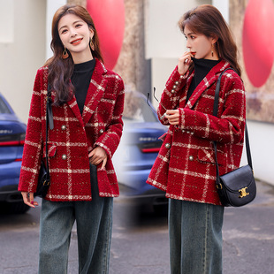 羽绒服内胆毛呢大衣女秋冬高级短款小个子加厚酒红色西装格子外套