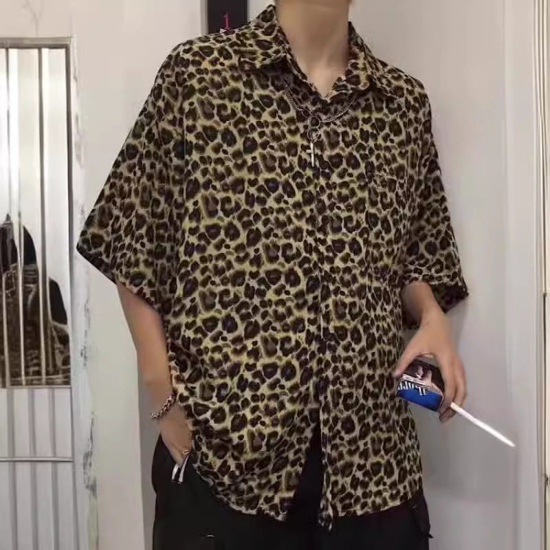 2026夏季潮高级感男宽松个性慵懒豹纹衬衣男休闲潮牌五分短袖寸衣