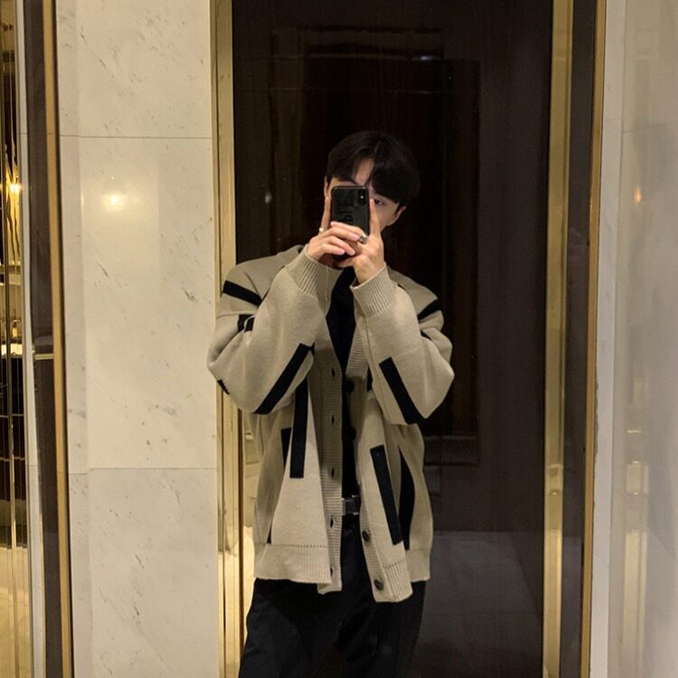 秋冬加厚拼色慵懒男针织开衫