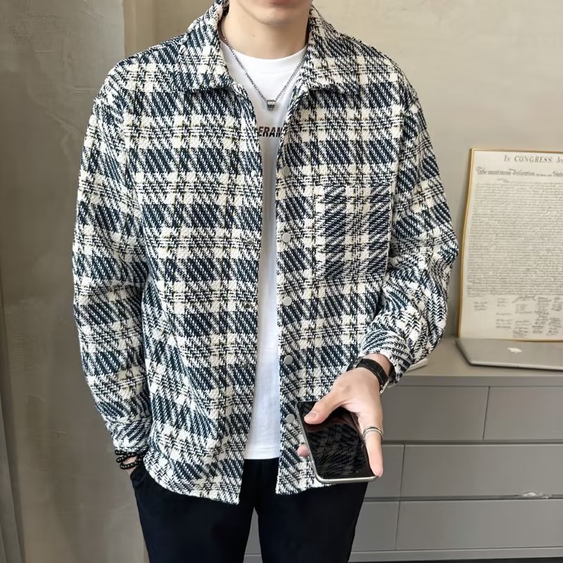 小香风男春秋格子长袖衬衫