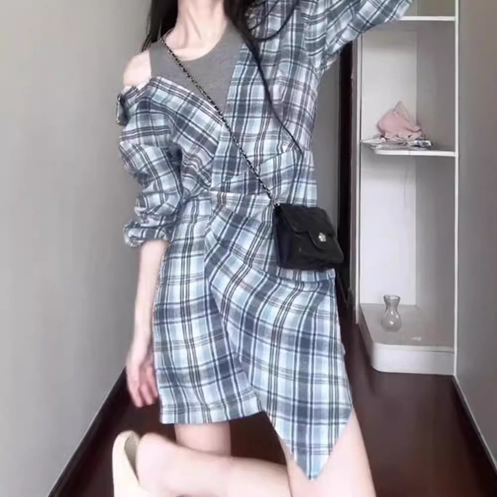 初夏韩系蓝色假两件短款连衣裙