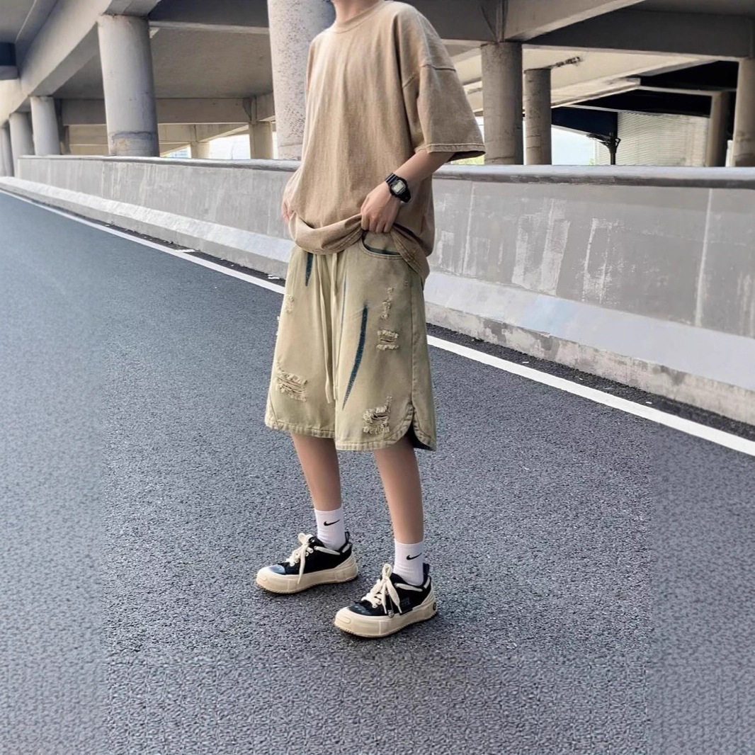 高街复古男士破洞牛仔五分短裤