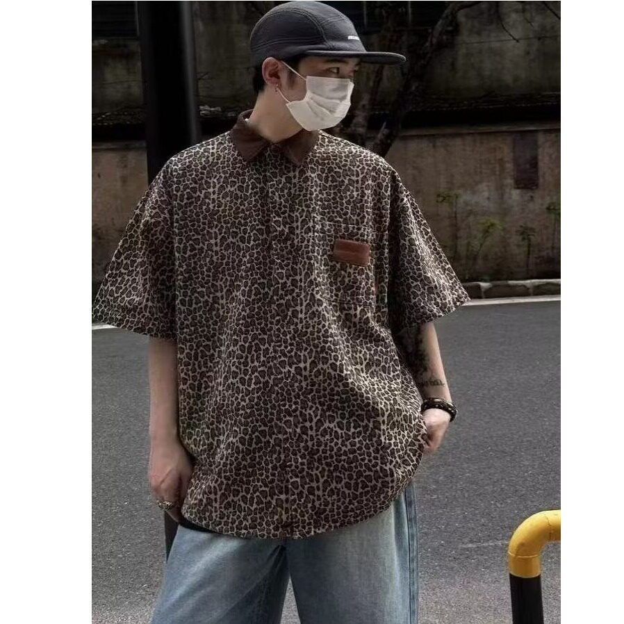 美式复古豹纹拼接Polo领牛仔衬衫