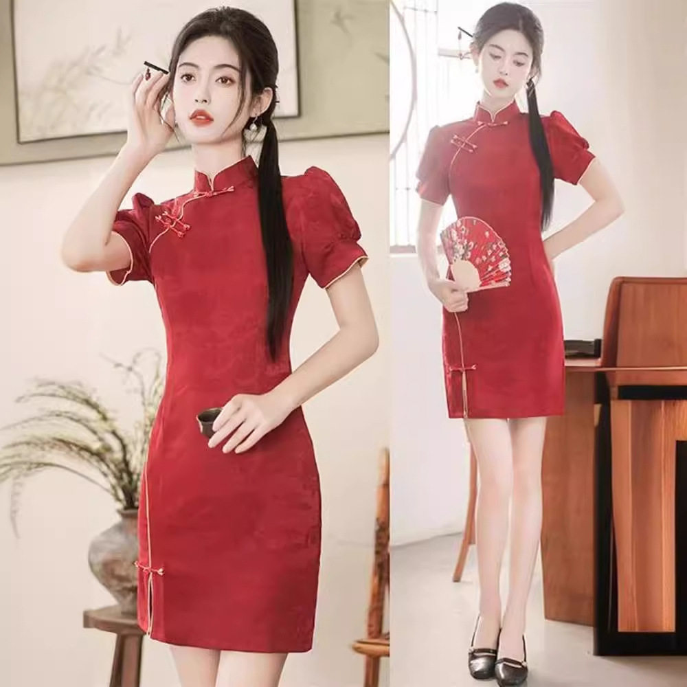 酒红夏季小个子新娘敬酒旗袍