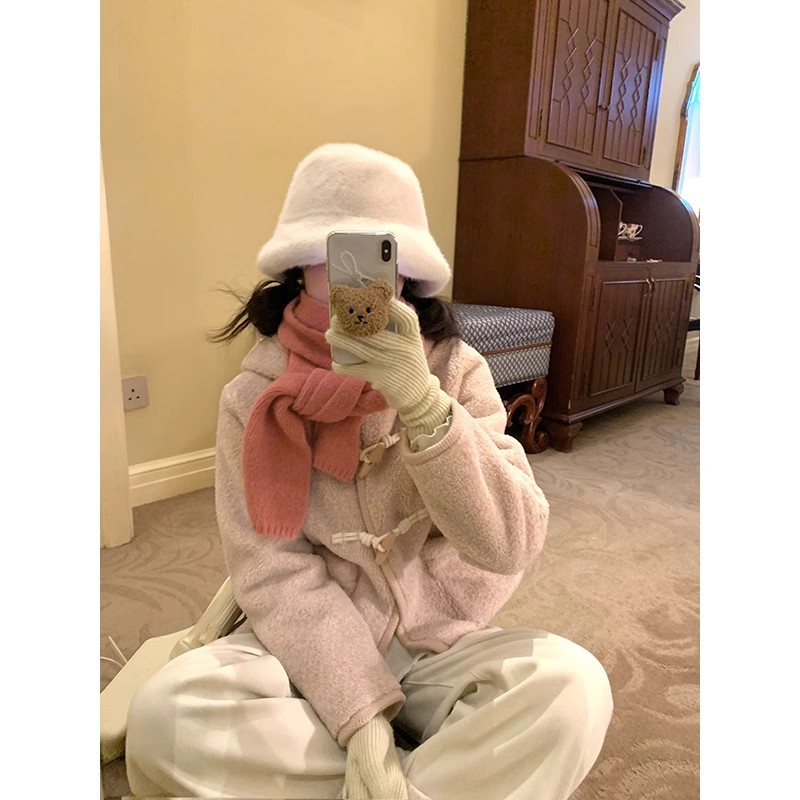 学院风牛角扣连帽毛呢外套女