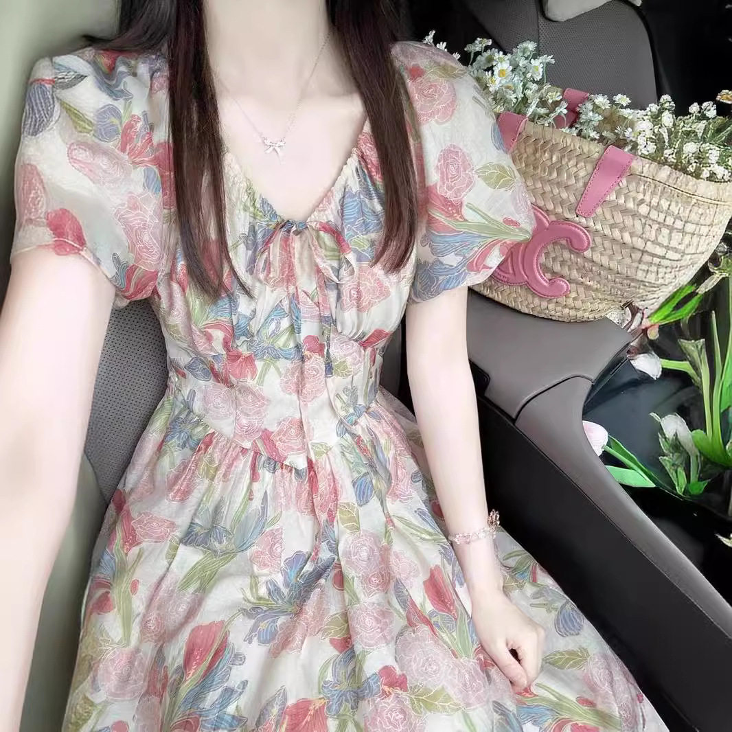 大码法式V领碎花A字显瘦连衣裙