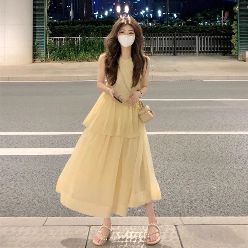 无袖黄色丁达尔长裙女夏季度假风