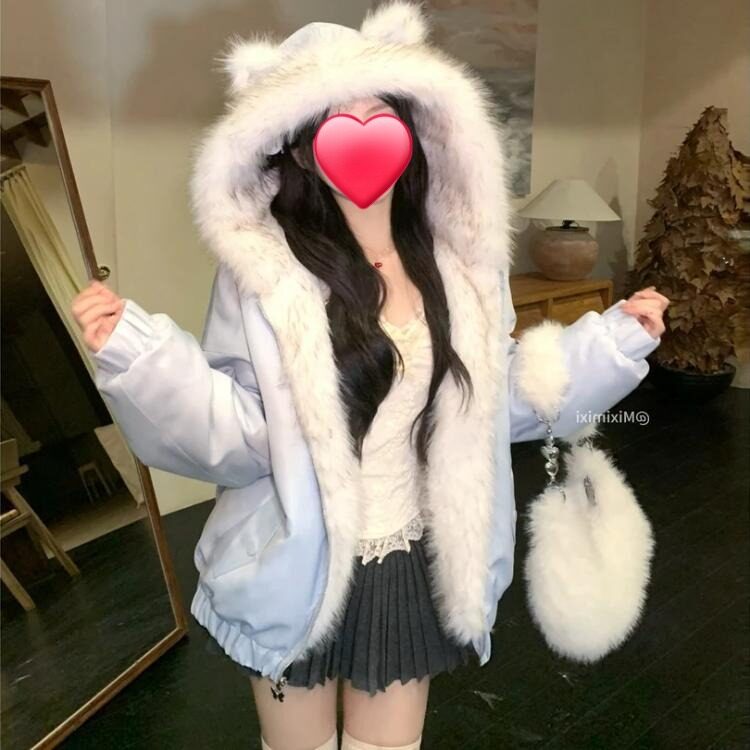 秋冬毛绒连帽正反两穿显瘦棉服