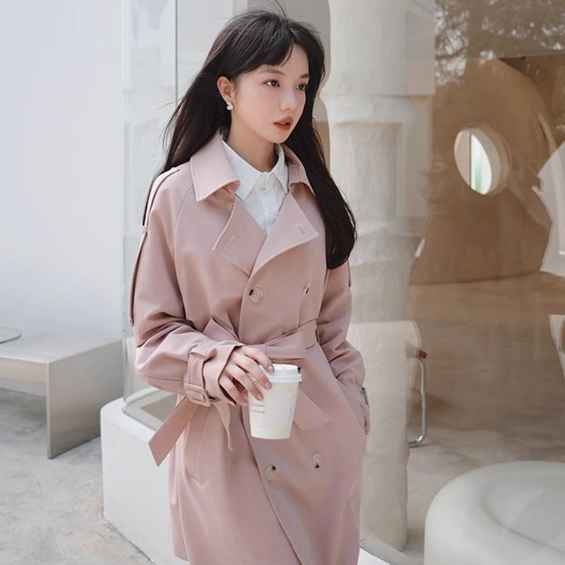 双排扣粉色chic风衣女中长款