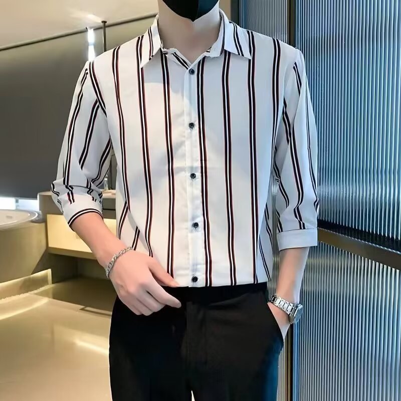夏季冰丝七分袖修身条纹男士衬衫
