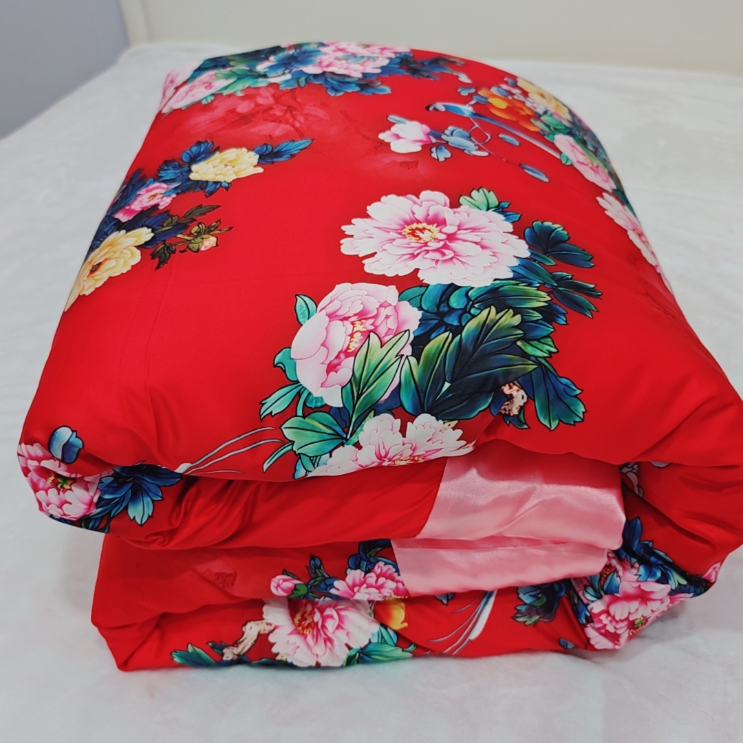 老式弹力仿真丝棉花被被套秋冬保暖单双人被子手工绗缝红色蓝色