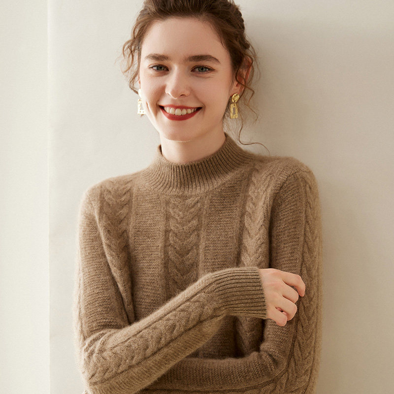 重磅加厚羊绒衫女半高领100%纯羊绒毛衣三股麻花针织内搭保暖打底