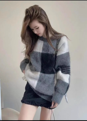 康赛妮100纯山羊绒拉绒羊绒衫女加厚圆领短款宽松慵懒风毛衣外穿